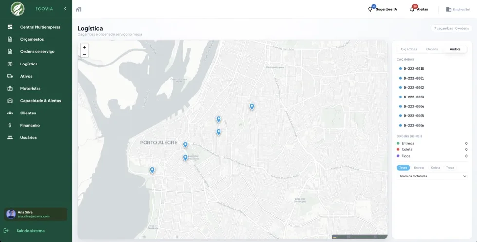 Logística do Ecovia no computador — caçambas no mapa