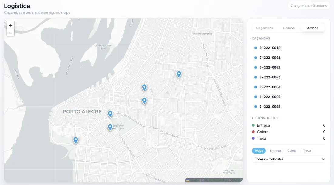 Interface do software de gestão de caçambas Ecovia mostrando o mapa de logística com as caçambas e ordens de serviço